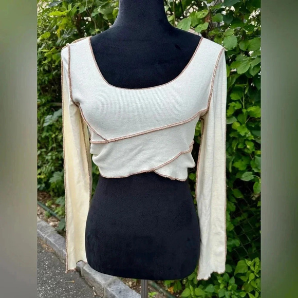 Cider cotton ribbed beige stiching long sleeve cropped top sz S nwot 006 - Picture 6 of 7